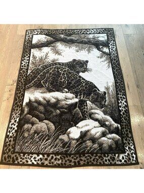 Vintage Biederlack Acrylic Blanket Leopard Jaguar Graphic 73x53 Made in USA